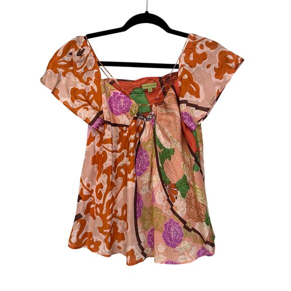 Aoyama Itchome Top Womens S Orange Multi Floral Blouse Pure Silk Sequins Boho - Picture 1 of 10
